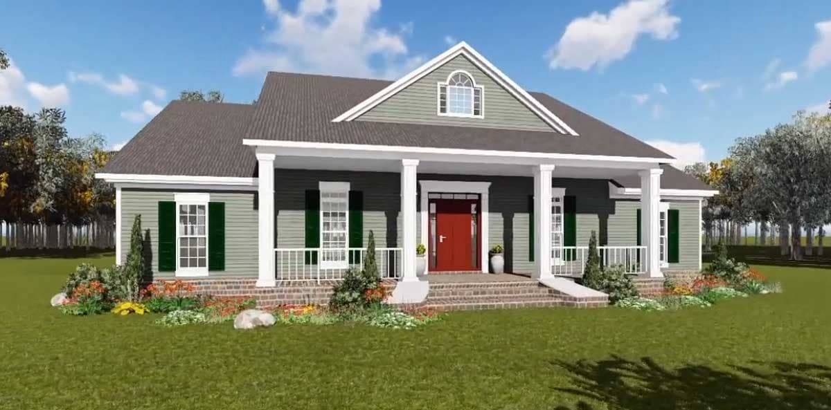 House plan exterior, one story, hipped roof, wide front porch with columns, dormer window, and green shutters.
