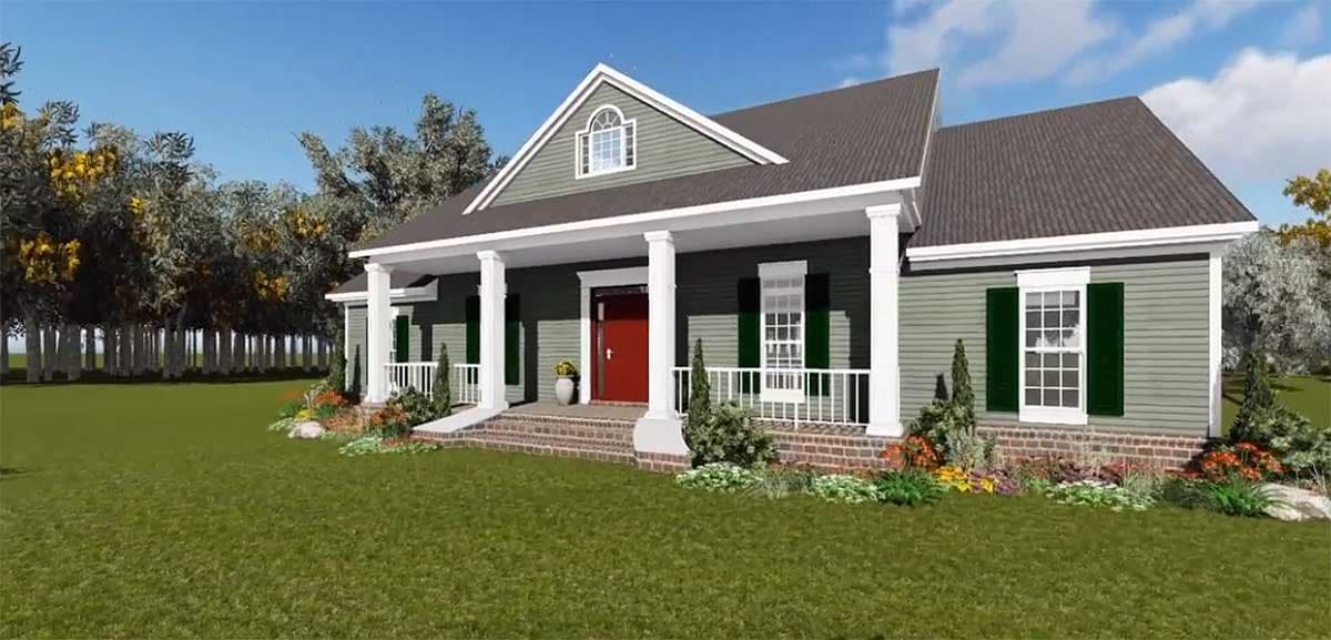 House plan exterior: single-story home with a covered front porch, prominent columns, gabled dormer, and dark shutters.