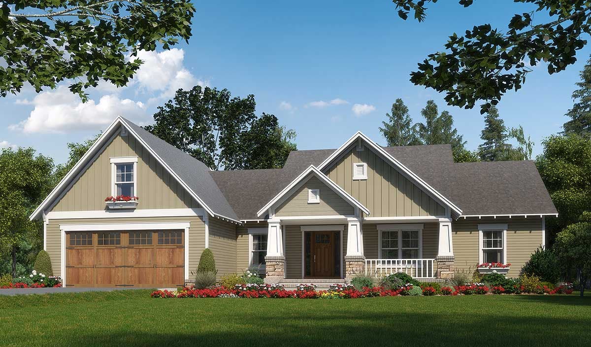 Craftsman house plan exterior, one story, features a covered front porch, stone accents, gabled dormer, and attached garage.