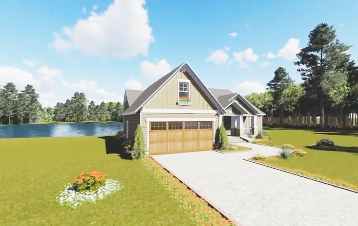 House plan exterior showing a one-story Modern Farmhouse with a front-facing garage, gable roof, and covered front porch.