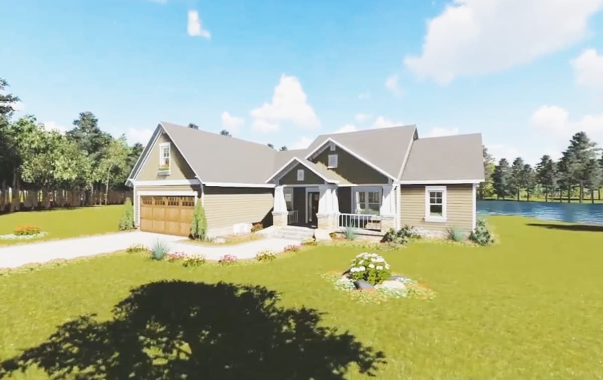 House plan exterior: One-story Modern Farmhouse with gabled dormer, covered entry porch, and side-facing garage.