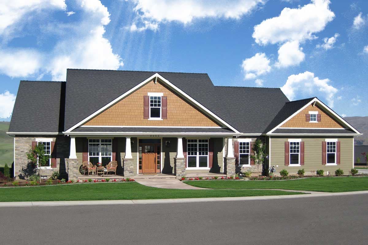 House plan exterior: Single-story Modern Farmhouse with a covered porch, prominent gables, shingle siding accent, and stone foundation details.
