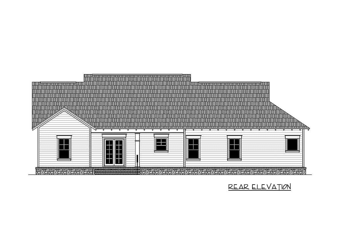 Rear elevation drawing of a one-story house plan featuring double doors, multiple windows, and a segmented roofline.