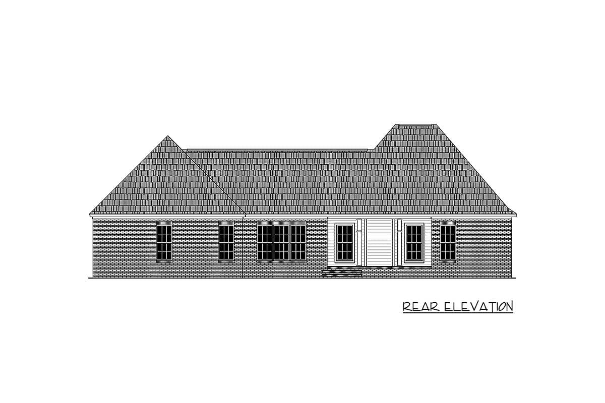 Rear elevation drawing of a single-story house plan with brick exterior, shingled roof, and multiple windows.