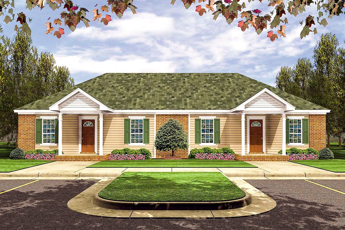House plan exterior: Symmetrical ranch with central gable, brick accents, porches, and double garages.