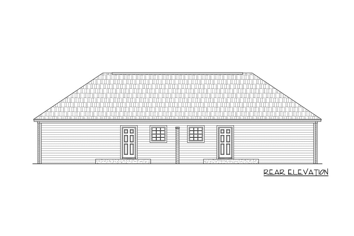 Rear elevation of a house plan, showing two doors, two windows, horizontal siding, and a hipped roof.