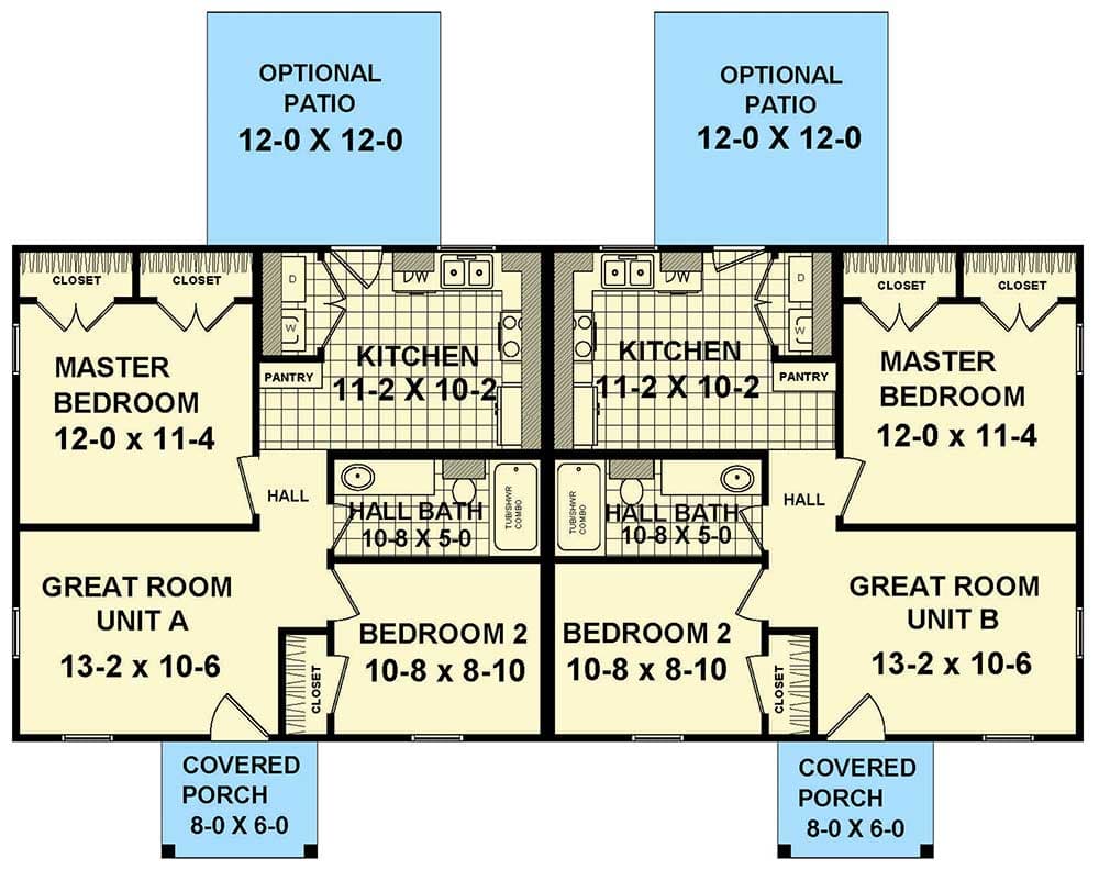 Plan 51176MM: Duplex with Matching Layouts - Floor Plan - Main Level