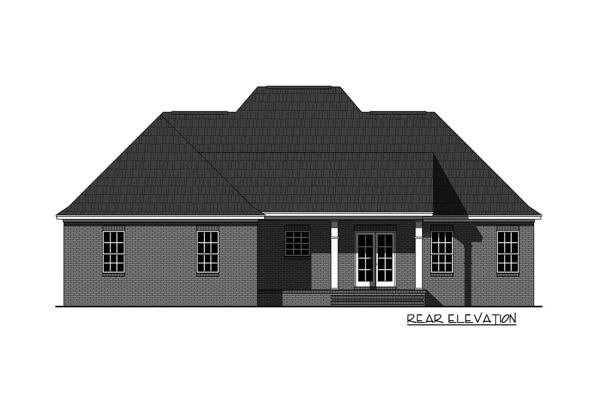 Rear elevation drawing of a single-story brick house with a central covered porch and double doors.