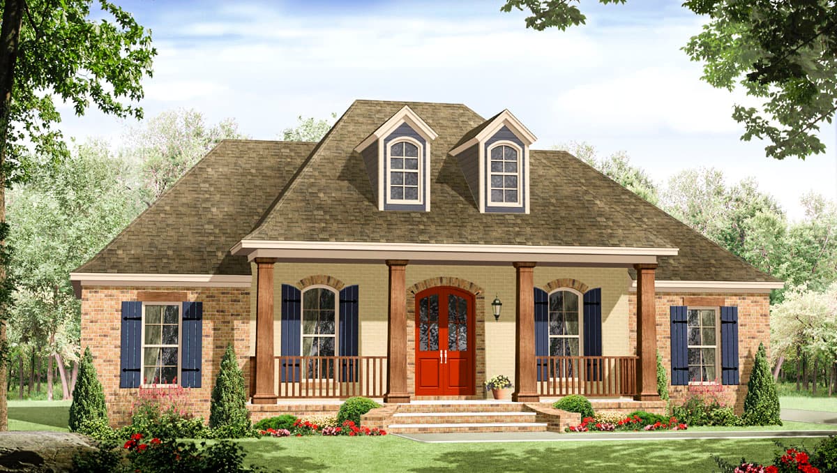 House plan exterior: One-story brick home with a central covered porch, double front doors, two gables, and arched windows.