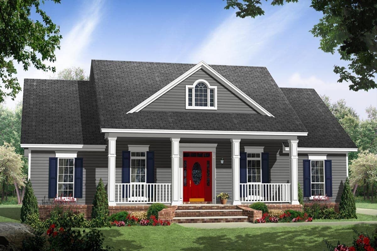 House plan exterior: Ranch style, full front porch with white railings, central dormer with arched window, gray siding.