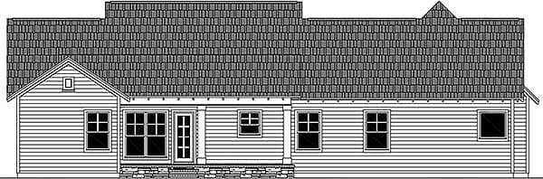 House plan rear elevation showing siding, stone accents, multiple windows, door, and varied rooflines with gables.
