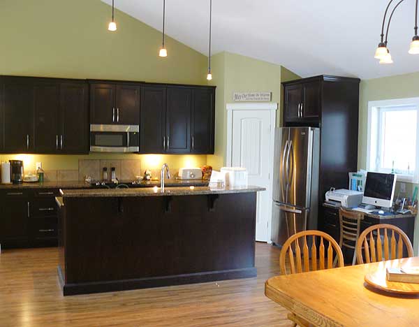 Kitchen with dark cabinetry, granite countertops, large island, stainless steel appliances, and vaulted ceiling.