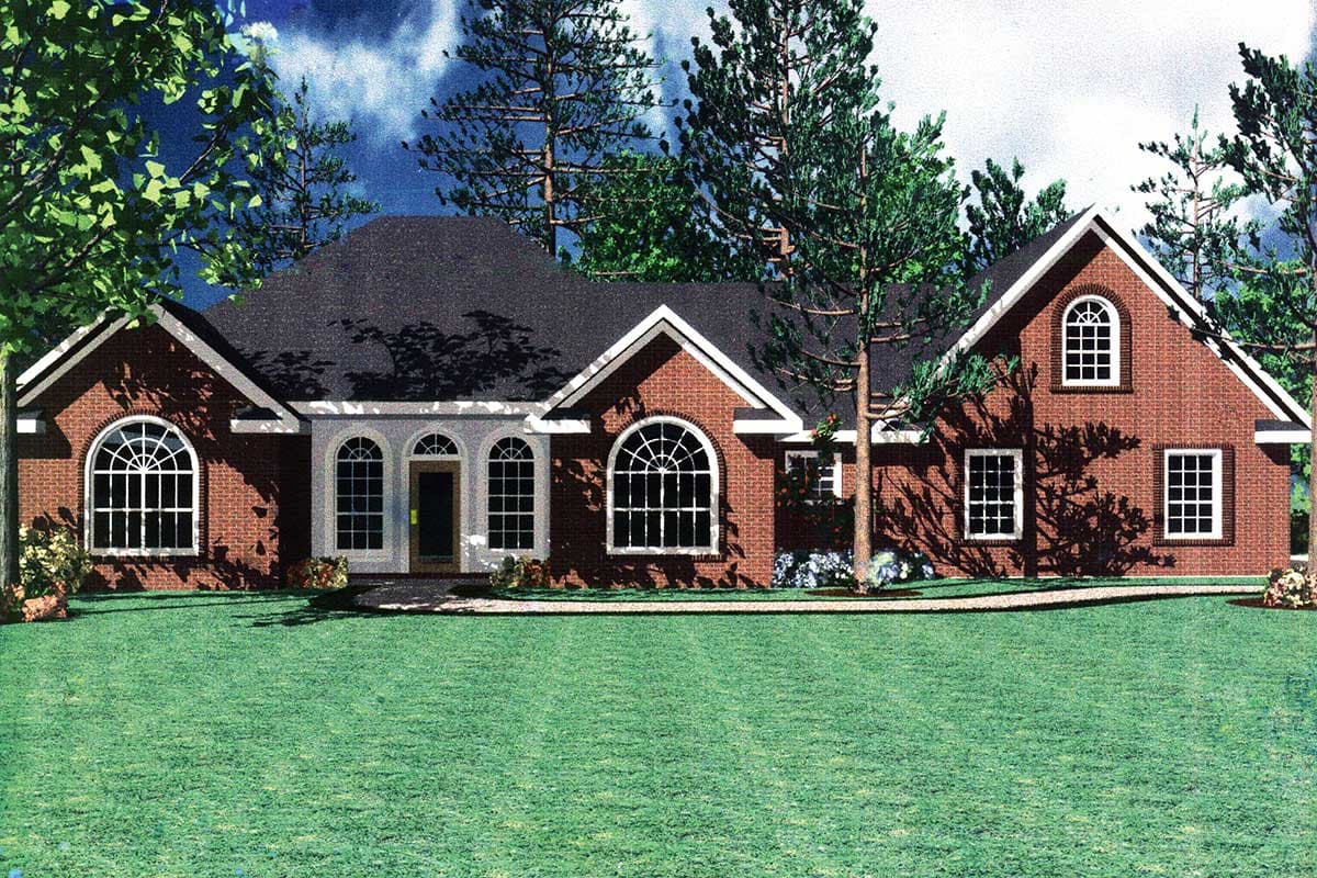 House plan exterior. Brick facade with arched windows, a covered entryway with three arched openings, and gabled dormers.