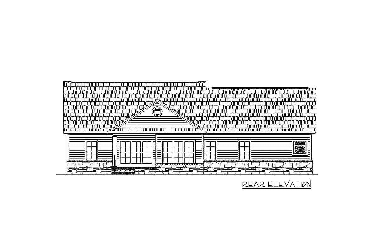 Rear elevation house plan drawing showing a single-story home with a gabled central section, porch, stone foundation, and multiple windows.