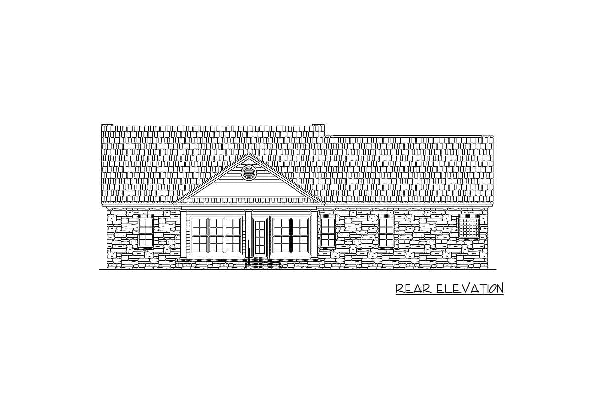 Rear elevation drawing of a one-story house with stone exterior, large windows, and a central gable.