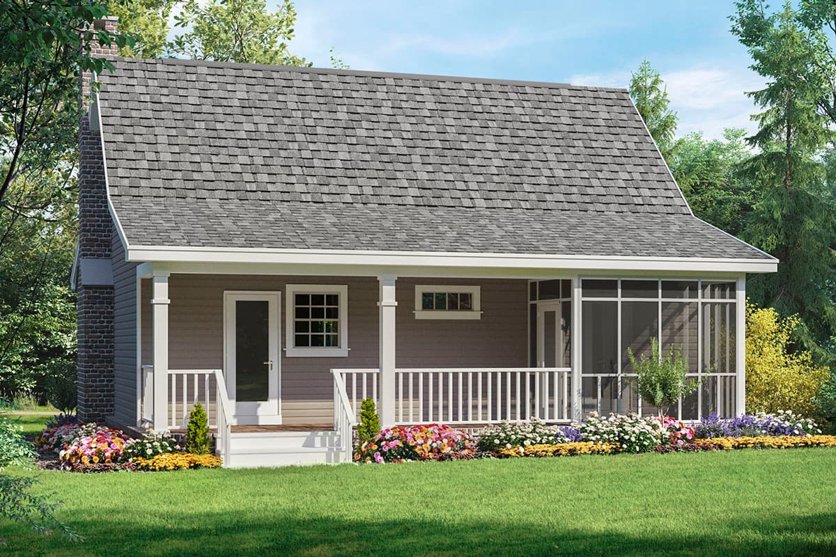 House plan exterior: One-story dwelling with a steeply pitched roof, prominent brick chimney, front porch with railing, and a screened-in side porch.