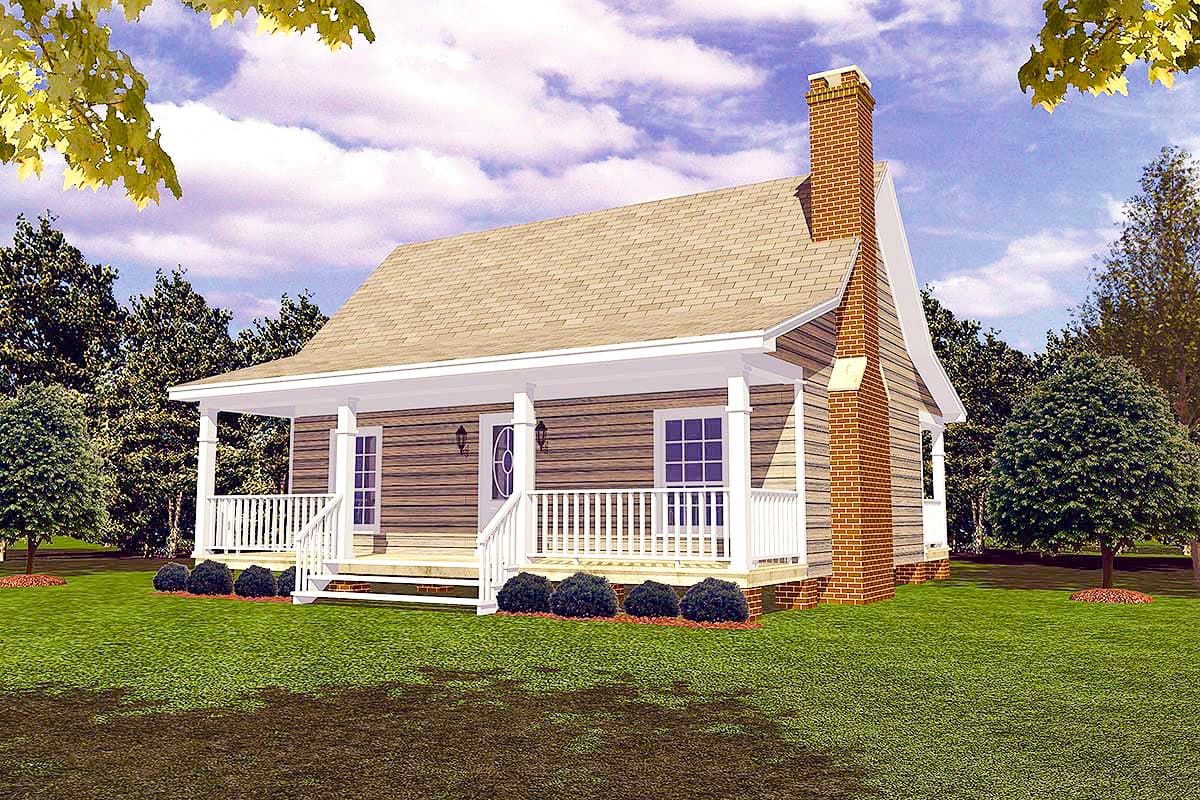 House plan exterior: One-story cottage with wrap-around porch, gable roof, and brick chimney.