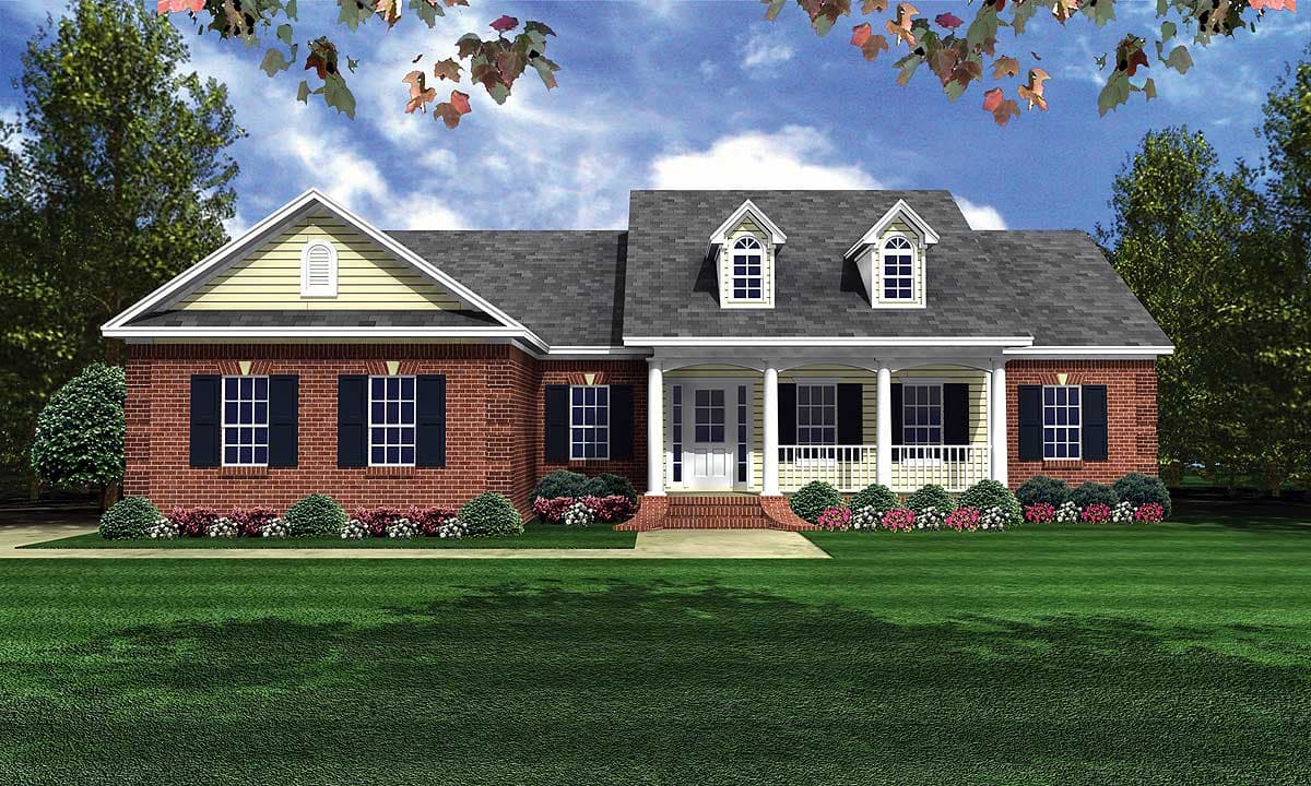 House plan exterior: Brick ranch with a covered front porch, dormers, and a prominent gable with arched vent.