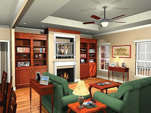 Living room with fireplace, built-in bookshelves, ceiling fan, and television above the fireplace.