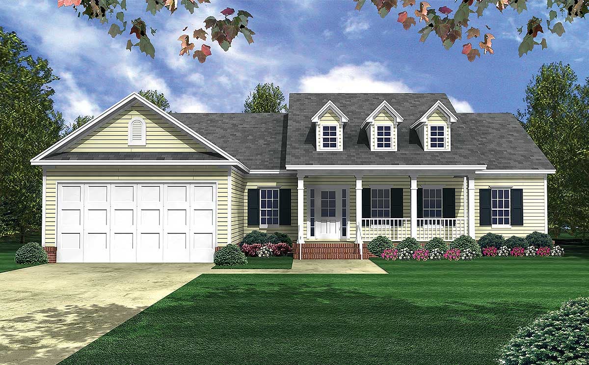 House plan exterior: Ranch style, one story, with a three-car garage, covered front porch, and three gables with dormer windows.