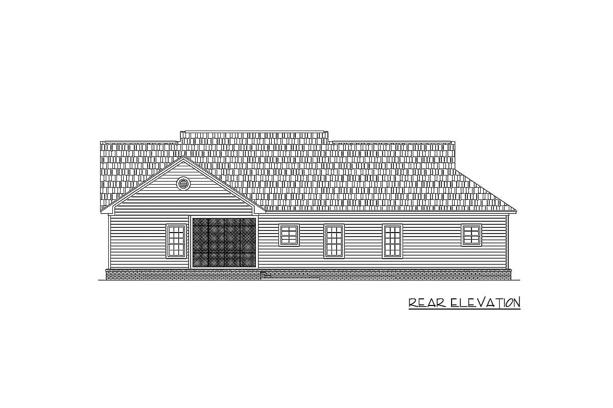 Rear elevation drawing of a house plan with a gabled central section, horizontal siding, multiple windows, and a large covered opening.