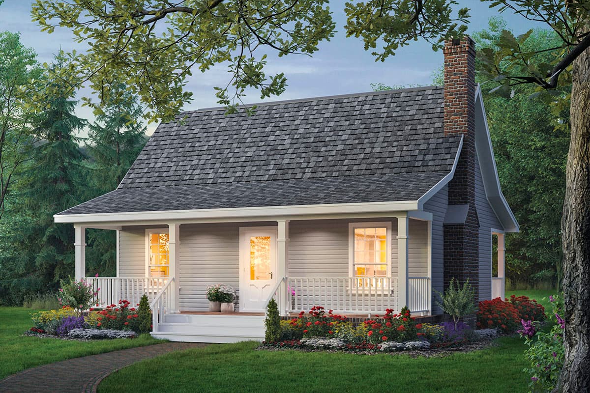 House plan exterior featuring a cottage style with a covered porch, gabled roof, and brick chimney. One story home with white trim.