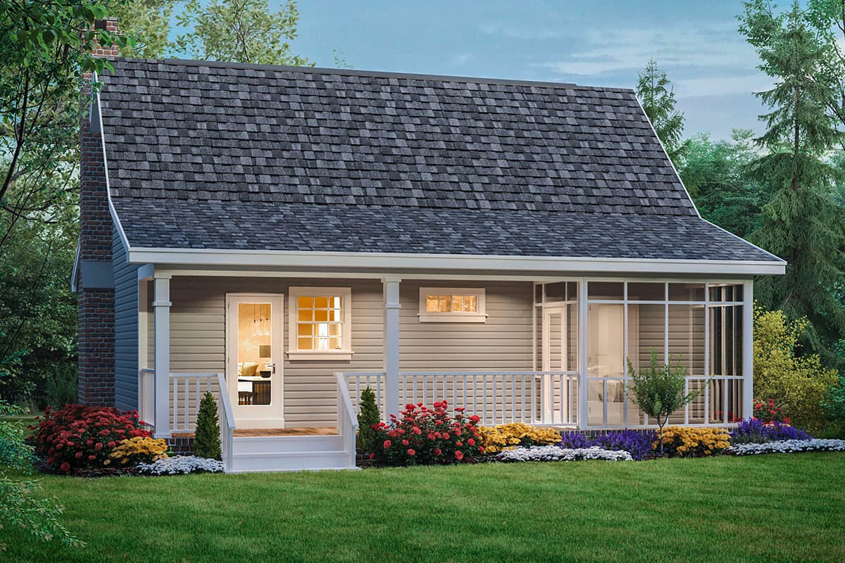 House plan exterior: Two-story cottage with brick chimney, covered porch with white railings, and screened porch.