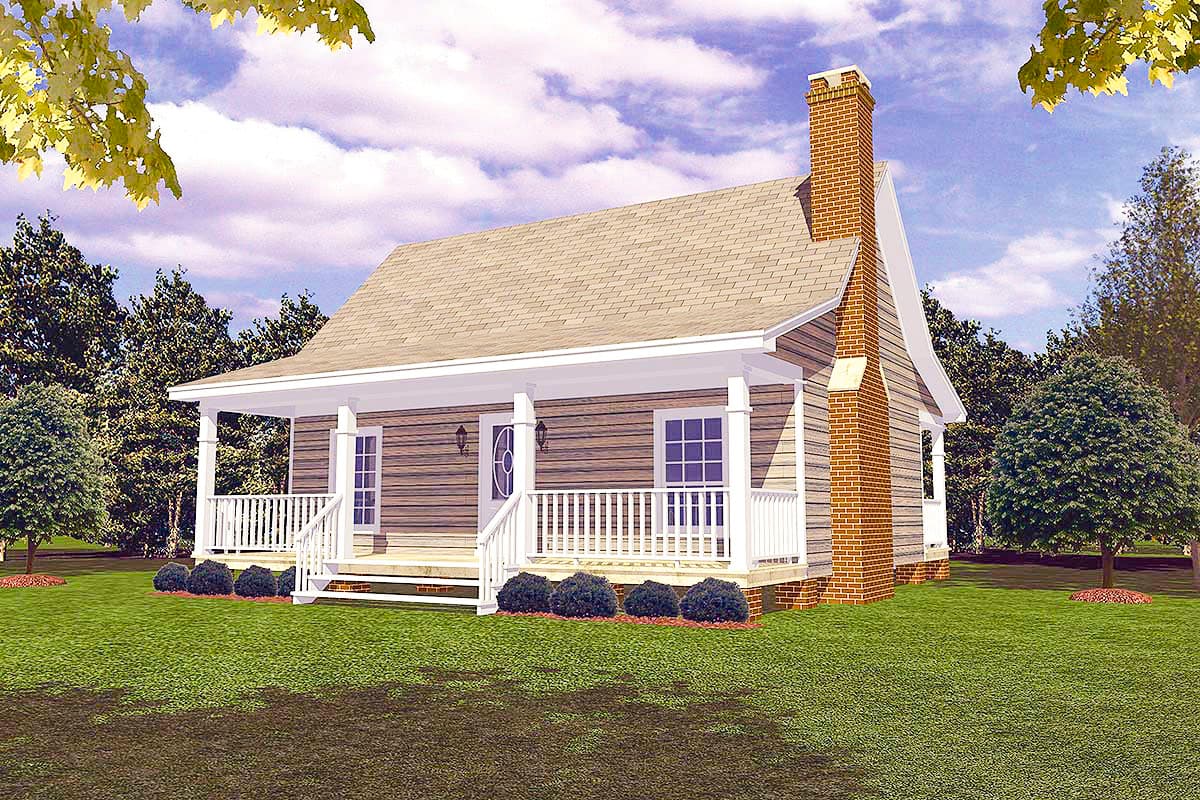 House plan exterior: One-story cottage with a full-width covered porch, gabled roof, and brick chimney.