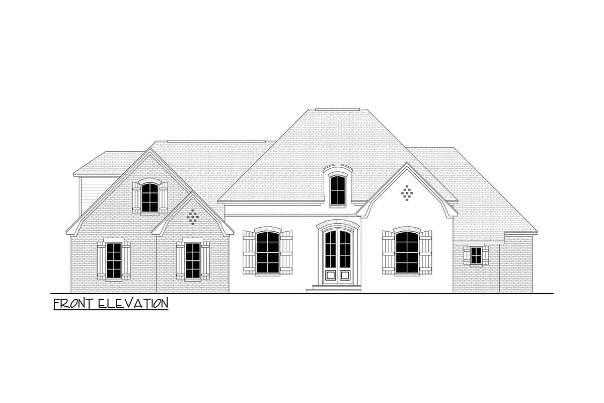 Front elevation house plan drawing featuring brick facade, dormer, arched windows with shutters, and a central entrance.