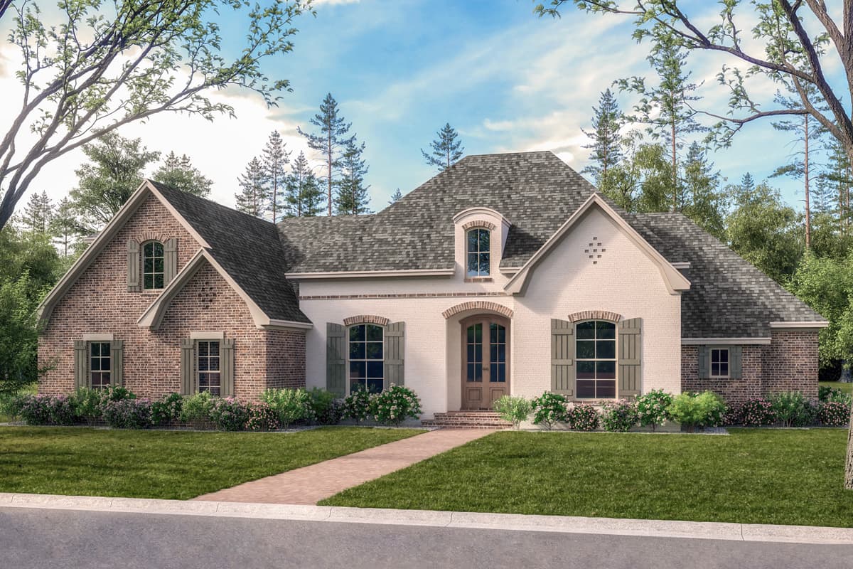 House plan exterior. Two-story, French Provincial style home with gabled roof, brick and stucco exterior, arched entry, and shuttered windows.