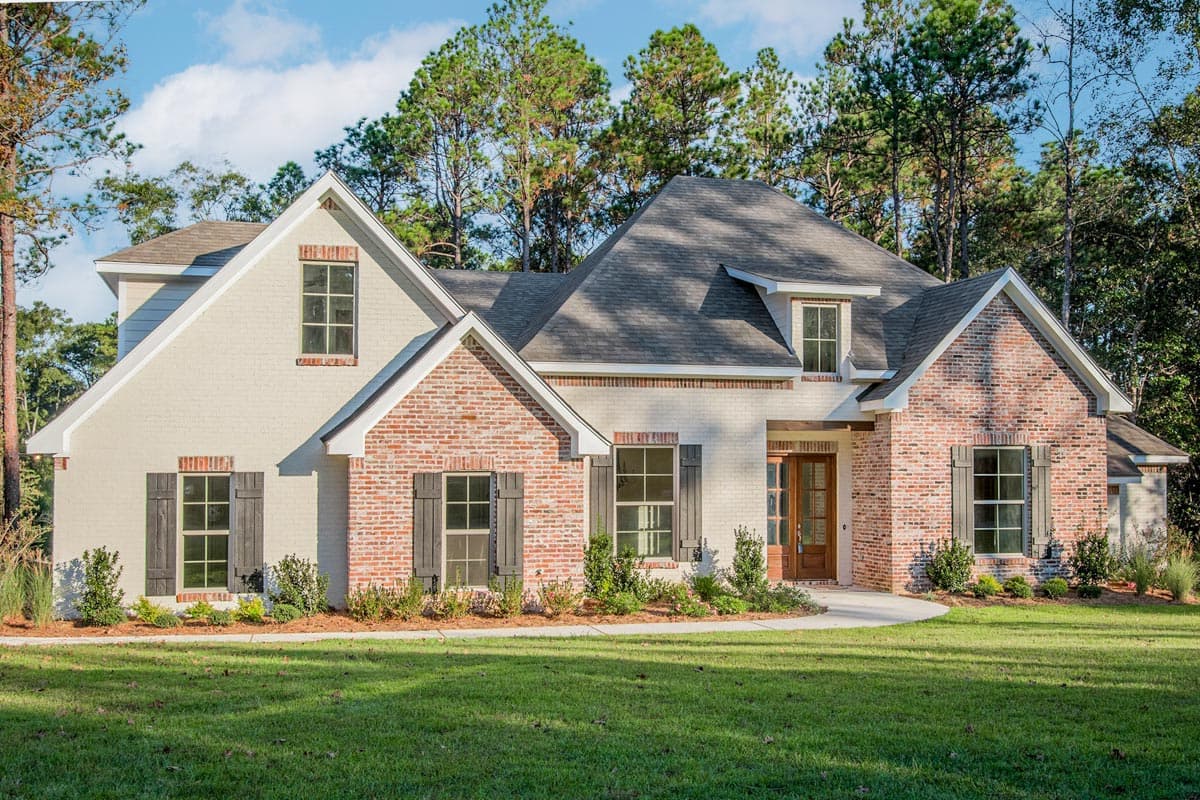 House plan exterior: Two-story Modern Farmhouse with brick and painted brick, multiple gables, and dormers.