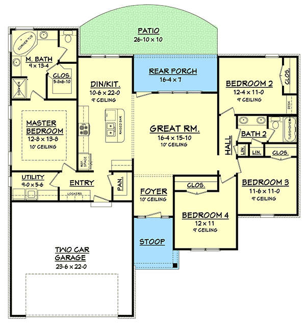 Plan 51703HZ: One-Story 4 Bedroom House Plan - 1736 Sq Ft - Floor Plan - Main Level - Country, Craftsman, Northwest, Traditional