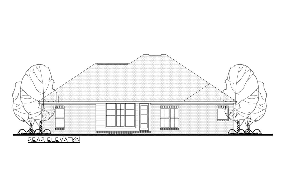 Rear elevation drawing of a one-story house plan with a prominent gable roof, multiple windows, and a central door.