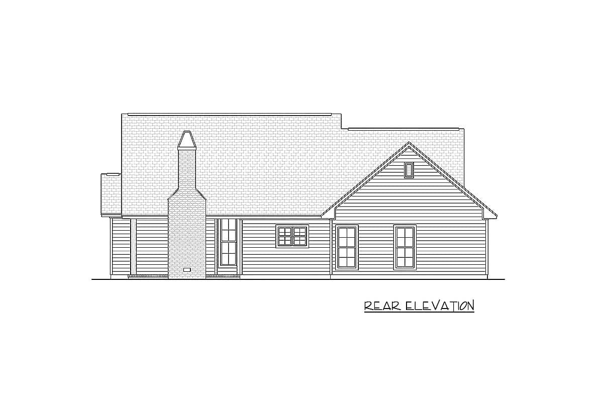 Rear elevation drawing of a house plan featuring horizontal siding, a prominent chimney, and multiple gabled dormers.
