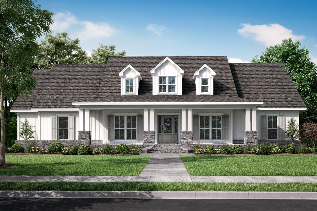 House plan exterior. Farmhouse style, one-story home with front porch, three gabled dormers, and stone accents on columns.
