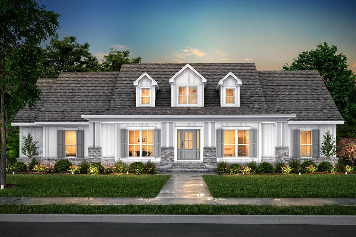House plan exterior: Modern Farmhouse style, one story, with a central gabled dormer, prominent porch, and stone accents.