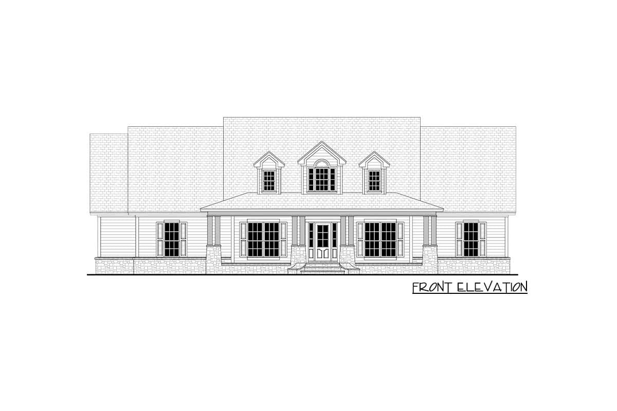 Front elevation drawing of a two-story house plan with a prominent front porch, dormers, and stone accents.
