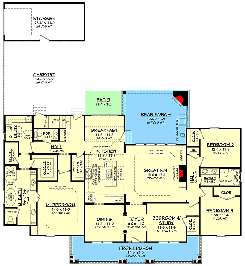 Plan 51711HZ: Flexible Country Home with Bonus Room - 2420 Sq Ft - Floor Plan - Main Level - Country, Southern