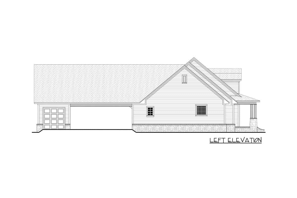 Left elevation drawing of a house plan, showing a two-car garage, gabled roof, and covered porch.