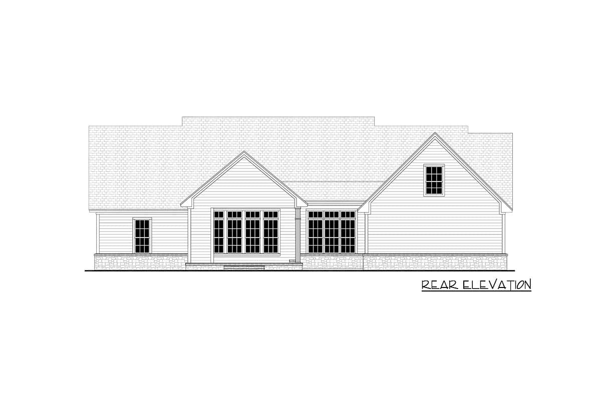 Rear elevation house plan showing multiple gables, a dormer window, and a stone foundation.