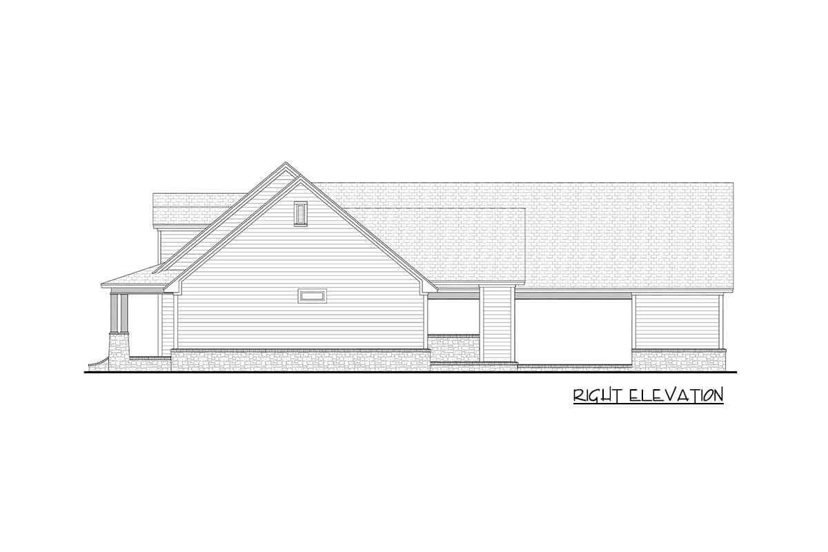 Right elevation drawing of a house plan with a gabled roof, porch, and attached garage.