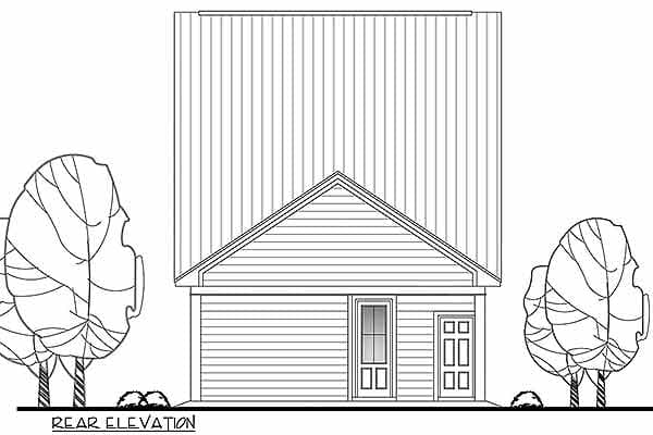 Rear elevation house plan with gable roof, siding, one main door, and one smaller door.