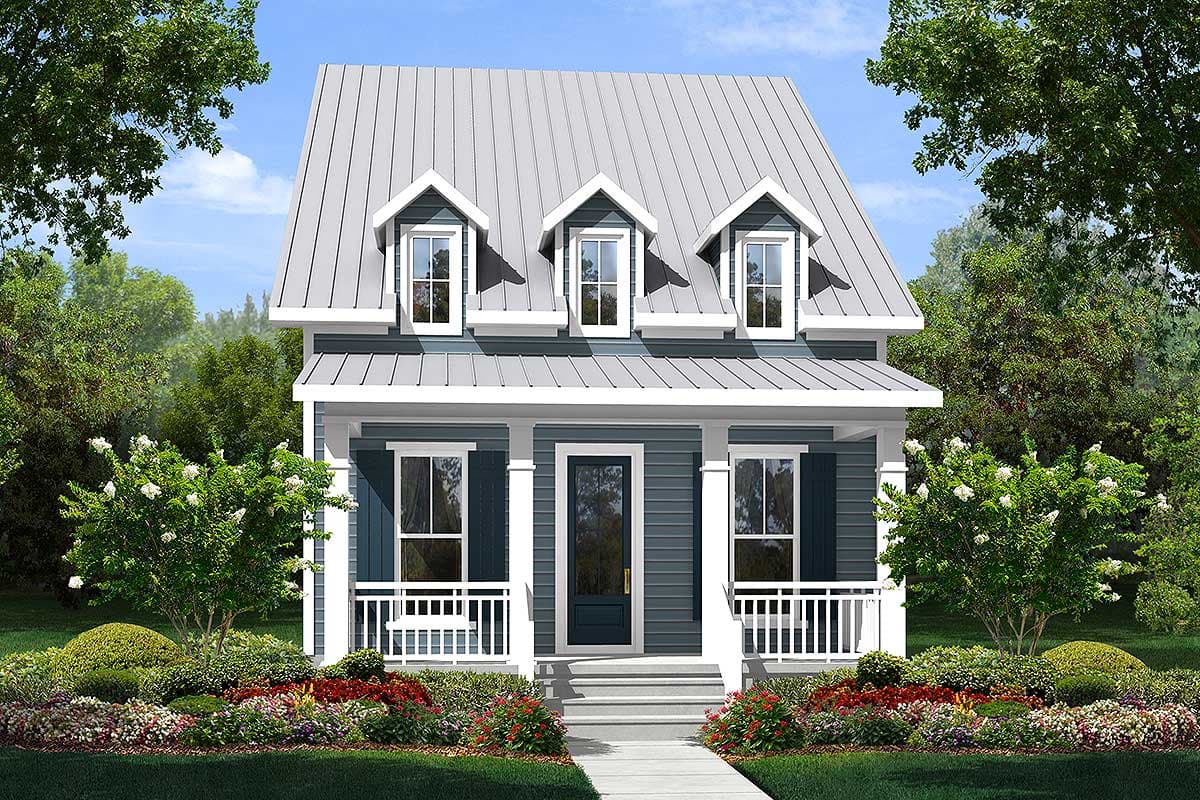 House plan exterior: Two-story cottage with gabled dormers, metal roof, and covered front porch with white railing.