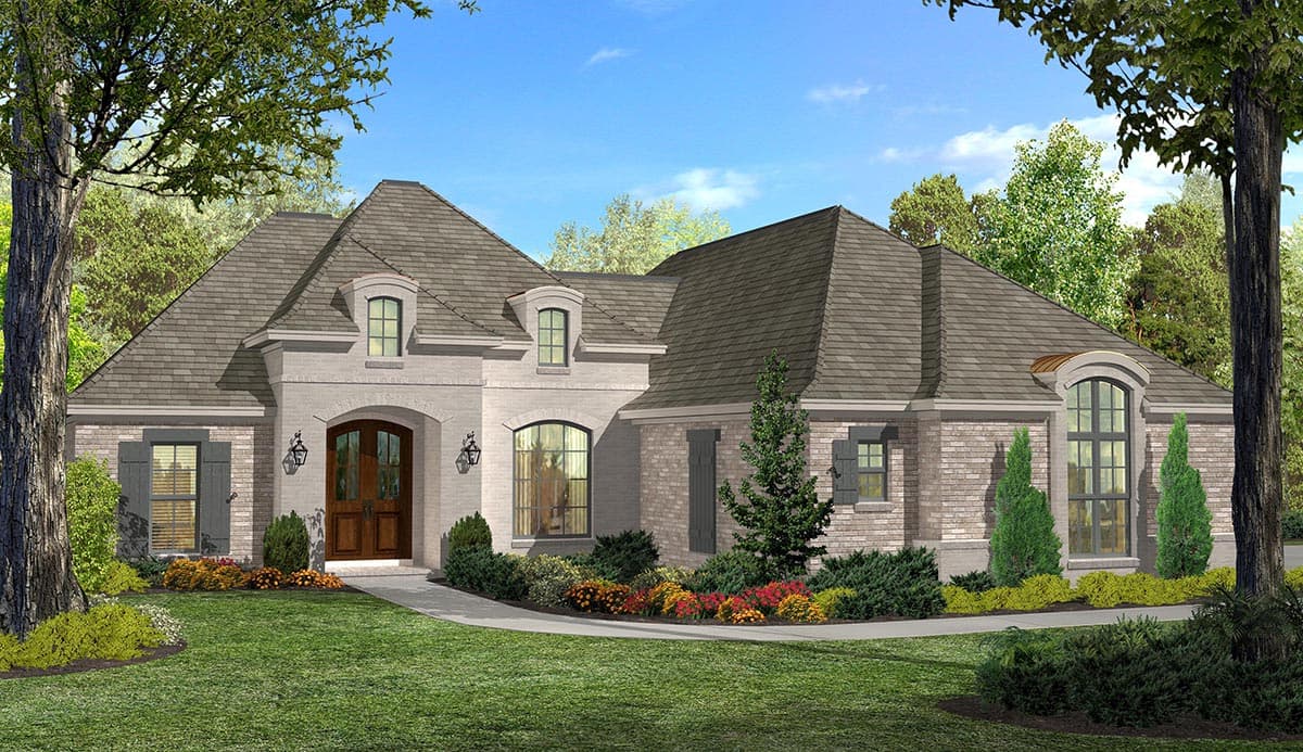 House plan exterior: Two-story French Provincial home with arched entry, dormers, and multi-level rooflines.