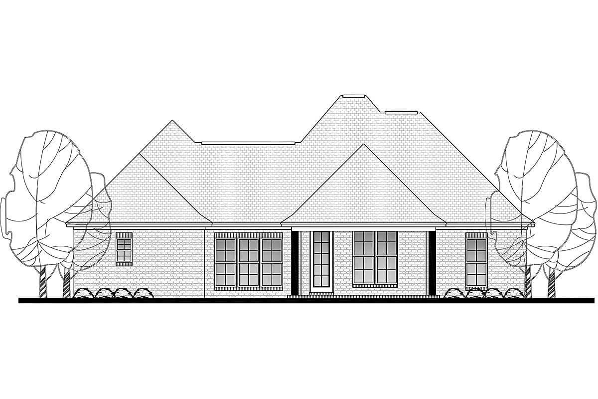 House plan exterior: One-story dwelling with prominent gables, brick facade, central entry, and wide windows.