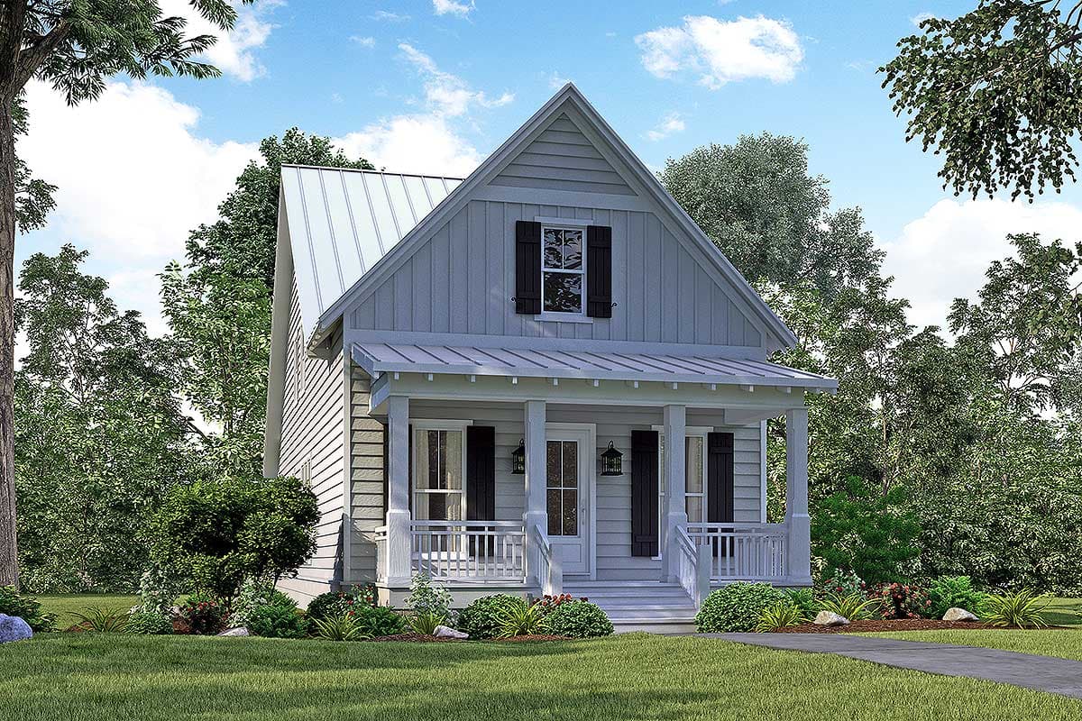 House plan exterior: Modern Farmhouse style, one story, with a metal gable roof, covered front porch, and board and batten siding.
