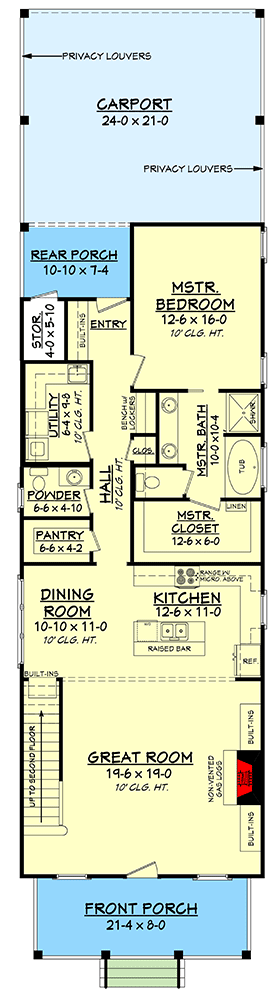 Plan 51715HZ: Narrow 4 Bed Cottage with Metal Roof - Floor Plan - Main Level - Cottage, Country, Southern, Vacation