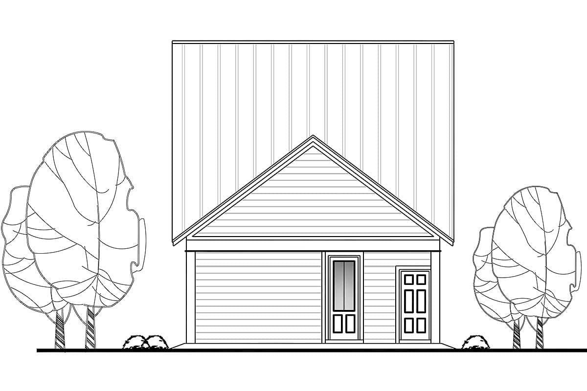 House plan exterior showing a steeply pitched gable roof, horizontal siding, one main door, and a smaller adjacent door.