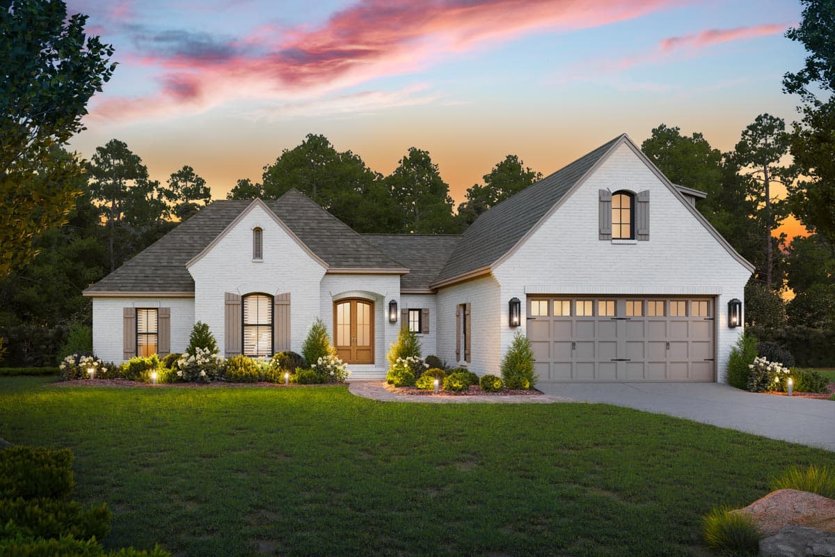 House plan exterior with two stories. Features include a gabled roof, brick facade, and garage with overhead door. Shutters and entryway visible.