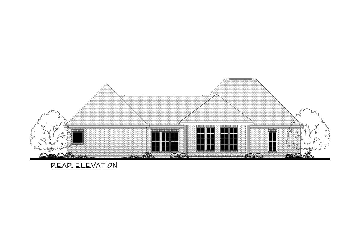 Rear elevation drawing of a one-story house with brick exterior, multiple gables, and large windows.